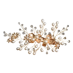 Elegant bridal hair comb with handmade golden flowers, pearls, and crystals for wedding styling