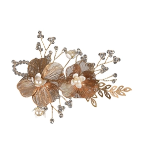 Elegant bridal hair clip with gold copper petals and pearls for wedding hairstyles
