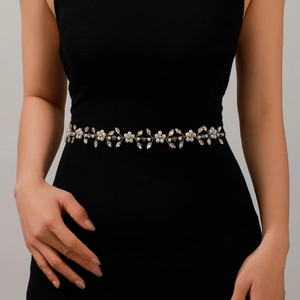 Handmade Bridal Wedding Belt Artificial Pearl Rhinestone Floral Sash For Wedding Dress Accessory Satin Ribbon Tie Waist Chain For Women