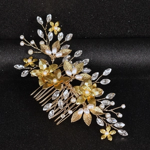 Handmade bridal hair comb with gold flowers, pearls and crystal rhinestones