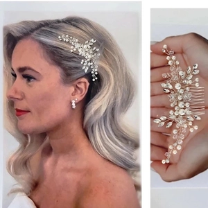 Handmade Bridal Hair Comb Silver Crystal Rhinestone Faux Artificial Pearl Floral Leaf Wedding Headpiece For Brides Bridesmaid Jewelry