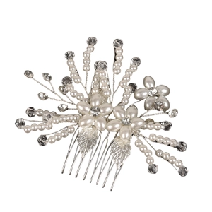 Elegant bridal hair comb with white pearls, crystals and silver leaves for wedding styling