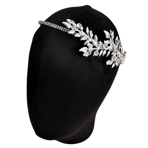 Serre-tête de mariée argenté avec motifs de feuilles d'olivier et cristaux brillants