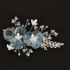 Exquisite bridal hair clip with blue mesh flowers, white pearls and crystal beadwork