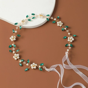Handmade bridal headband with white pearls and emerald crystals on gold wire with ribbon