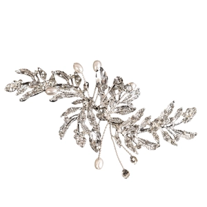 Silver bridal hair clip with sparkling leaf rhinestones and elegant white faux pearls