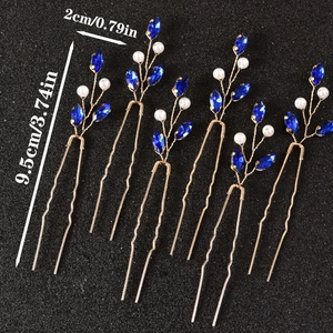 Detailed size view of bridal hair pin with blue crystals and white pearls set of six