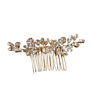 Elegant bridal hair comb with gold wire flowers and sparkling rhinestones on white background