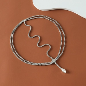 Silver bridal forehead chain with double-layer rhinestones and teardrop crystal pendant