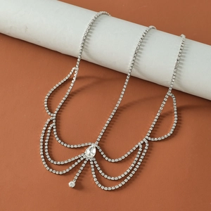 Elegant silver multilayer bridal forehead chain with teardrop crystal and rhinestones