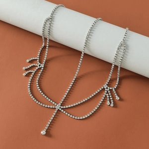 Fashionable bridal multi-layer rhinestone forehead chain with silver tassel pendants