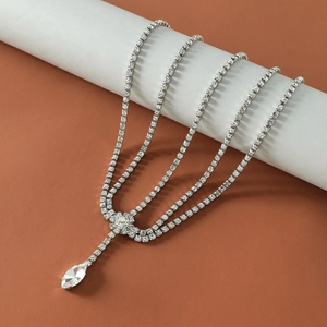 Elegant silver layered rhinestone head chain with teardrop pendant bridal hair jewelry