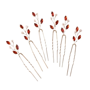 Detailed set of six gold U-shaped hair pins with red crystals and white pearls