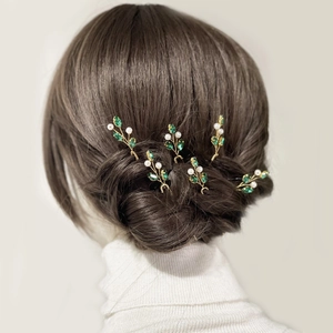 Emerald U-shaped hair pins with gold leaves and white pearls for elegant updos