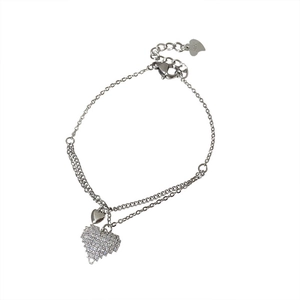 Double-layered silver S925 heart bracelet with sparkling zircon stones and adjustable chain
