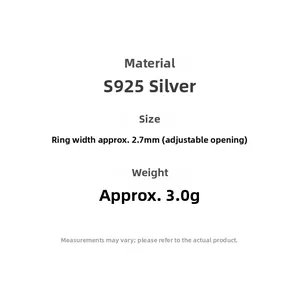 Specifications of S925 silver adjustable minimalist ring showing weight and 2.7mm width