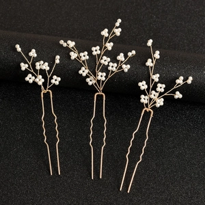 Ensemble de trois épingles à cheveux de mariée dorées avec perles blanches