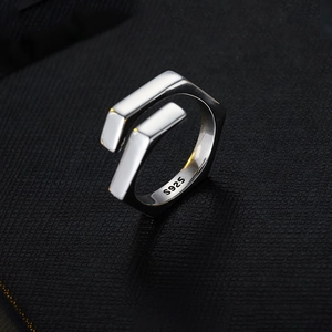 Minimalist S925 sterling silver open ring featuring an irregular hexagonal geometry