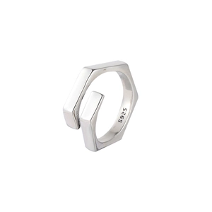 Minimalist S925 sterling silver hexagonal open ring with polished metallic finish