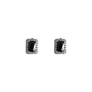 Élégantes boucles d'oreilles clous rectangulaires en zircon noir avec halo argenté pour femmes