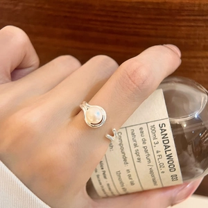 Elegant double-layered silver open ring with white pearl and letter M accent for women
