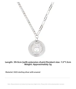 Detail of S925 sterling silver bunny pendant with AB chain and Good Luck engraving