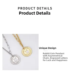 Detail of bunny coin pendant with asymmetric chain and Good Luck Happiness engraving