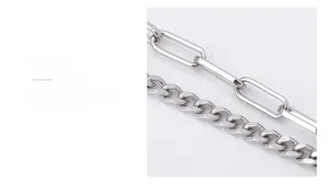 Detailed macro view of silver paperclip chain and flat curb chain with polished finish