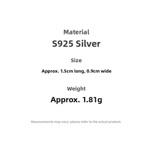 Specifications of S925 silver heart earrings showing dimensions 1.5cm by 0.9cm and weight
