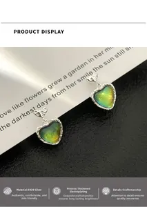 Close-up of S925 silver heart earring with aurora cat eye stone and gradient green finish