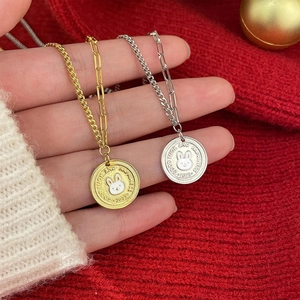 Vintage Rabbit Coin Pendant Necklace Copper 925 Sterling Silver Clasp Enamel Bunny Zodiac Spliced Chain Jewelry For Women