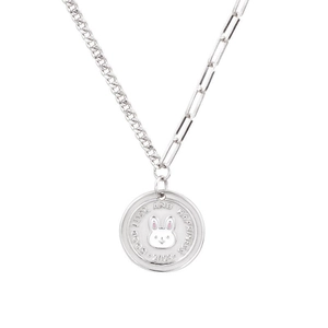 Silver round rabbit pendant necklace with Good Luck engraving and asymmetrical chain