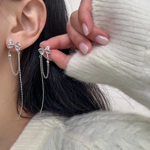 French Style Bowknot Tassel Earrings For Women Copper Rhinestone Long Drop Earrings Elegant Elegant Fashion Jewelry Gift