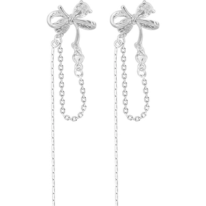 Elegant silver bow earrings with sparkling cubic zirconia tassels and heart charms
