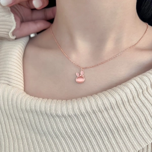Sweet Pink Cat's Eye Rabbit Pendant Necklace Rose Gold Plated Copper Bow Animal Jewelry For Women Friends Birthday Gift