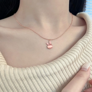 Pink cat eye stone rabbit bow necklace in rose gold plating for women sweet pendant style