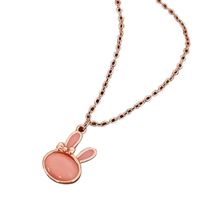 Pink cat eye stone rabbit pendant necklace with bow in rose gold minimalist style