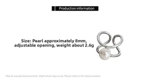 Detail view of adjustable silver ring with 8mm pearl including size and weight specs
