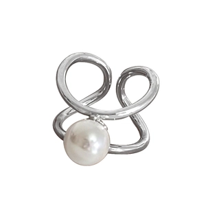 Elegant wave design silver open ring featuring a lustrous round white pearl focal point