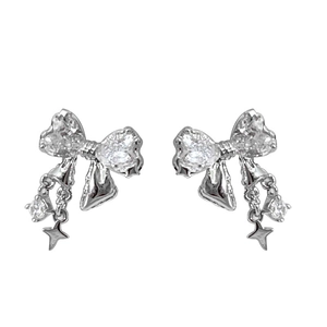 Silver bow stud earrings with heart-shaped cubic zirconia and star dangle chains
