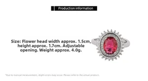 Detail view of oval red ruby zircon ring with sunflower pave setting and open band size