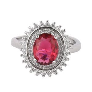 Luxury oval red gemstone ring with double-layered diamond halo in silver finish