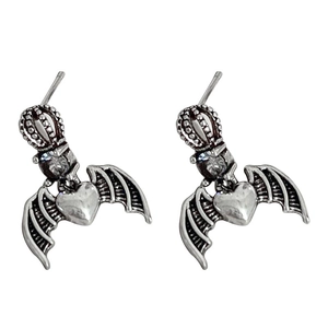 Gothic crown heart earrings with bat wings and sparkling rhinestone for women