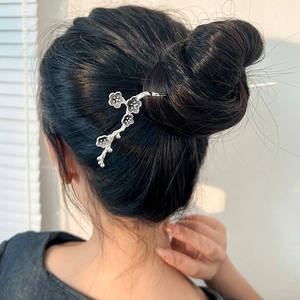 Vintage Plum Blossom Branch Hair Stick Copper Silver Plated Chinese Style Hair Fork Pin For Women Traditional Hair Jewelry