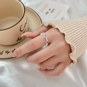 Women Korean Fashion Copper Heart Ring Pink Rhinestone Inlaid White Gold Plated Adjustable Open Finger Ring Sweet Elegant Jewelry Gift