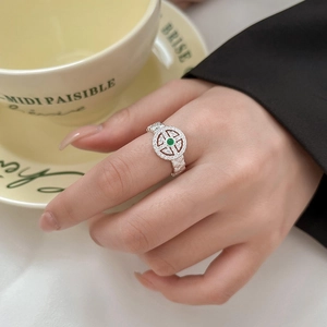 Vintage Lace Woven Copper Ring For Women Silver Plated Hetian Jade Green Stone Rhinestone Adjustable Open Ring Fashion Jewelry