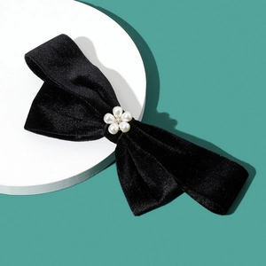 French vintage black velvet bow hair clip with a pearl flower centerpiece for brides