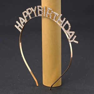Rose gold Happy Birthday headband with sparkling white rhinestones for party celebrations