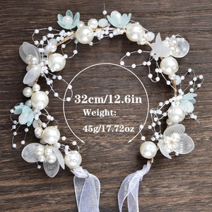 Serre-tête perles fleurs fait main avec pétales givrés et fil doré sur bois