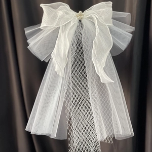 Witte Bruidssluier Grote Strik Haaraccessoires Kunstparelbloem Organza Haarstuk Bruiloft Fotoshoot Hoofddeksel Voor Vrouwen Elegante Bruidshaar Decoratie